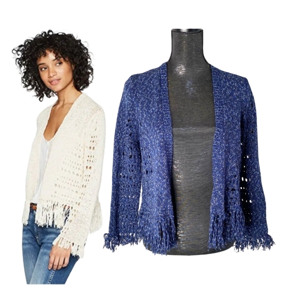 525 America NWT Fringe Cardigan Open Knit Sweater In Navy Combo - Picture 1 of 14